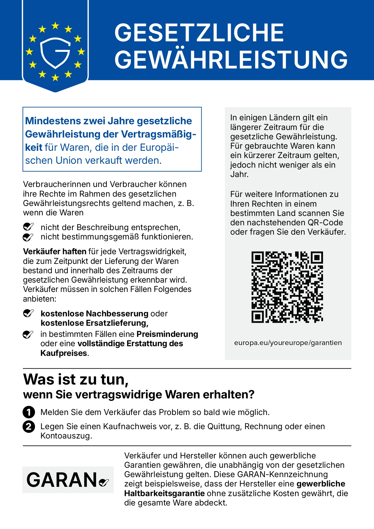 Informationsblatt zur gesetzlichen Gewährleistung in der Europäischen Union